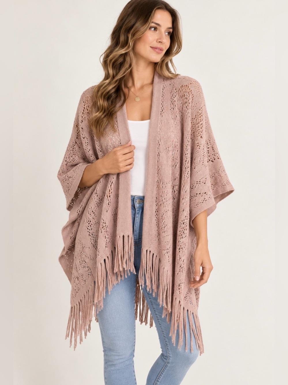 Woolworths delicate crochet lace fringe shawl open cardigan blush pink OS